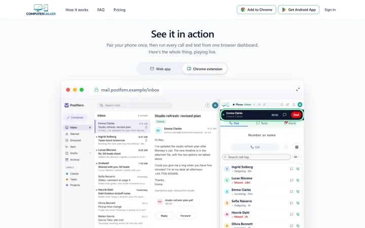 Skjermbilde av computercaller.com: Slik ser det ut i praksis: samtaler, SMS og anropslogg i et panel i nettleseren, her som Chrome-utvidelse.